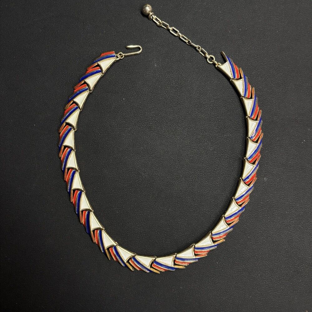 Vintage Trifari Geometric Red Blue White Enamel Gold Tone Necklace 16”